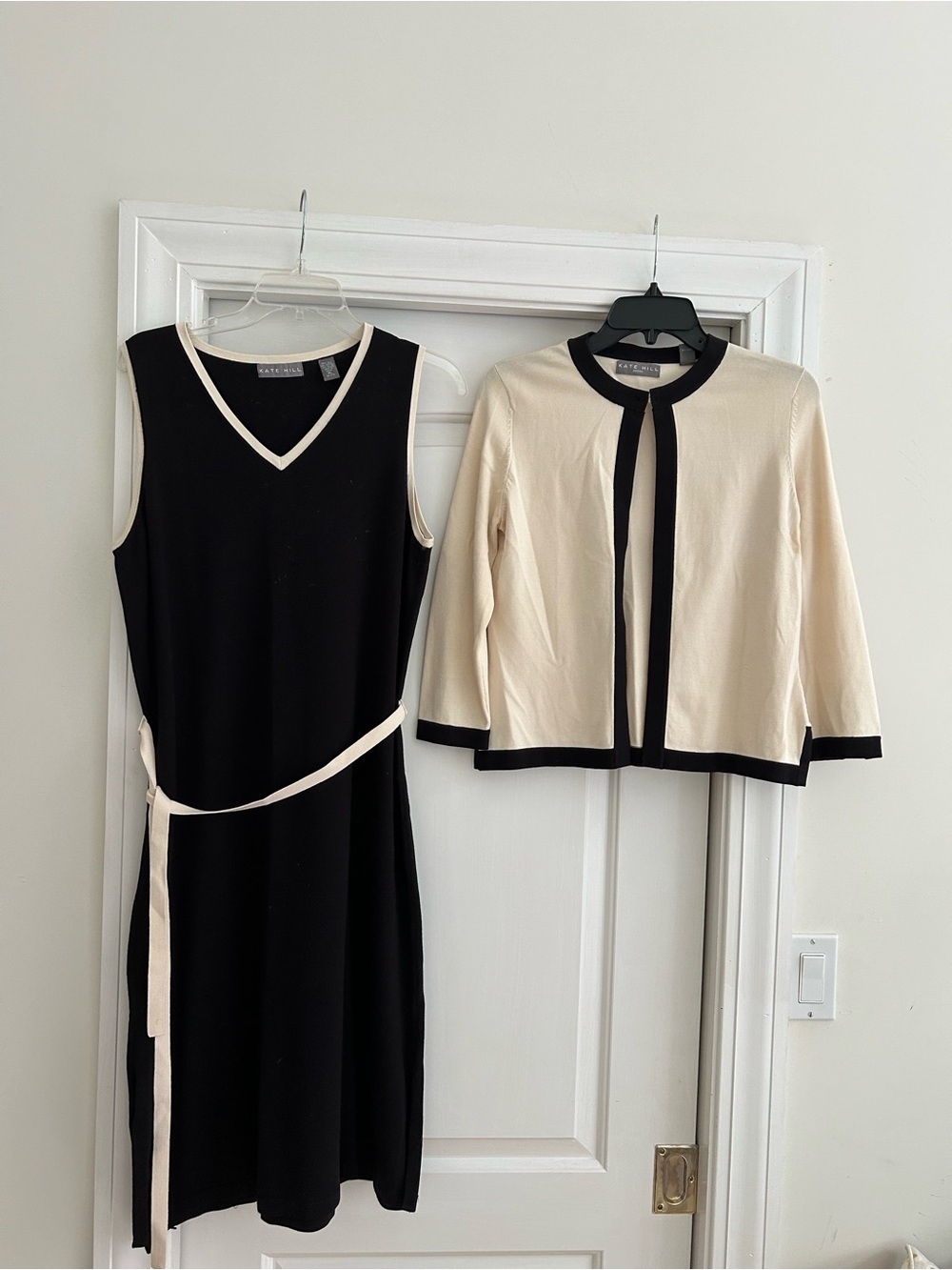 Kate Hill Black Dress with Cream Trim and Cream Cardigan
